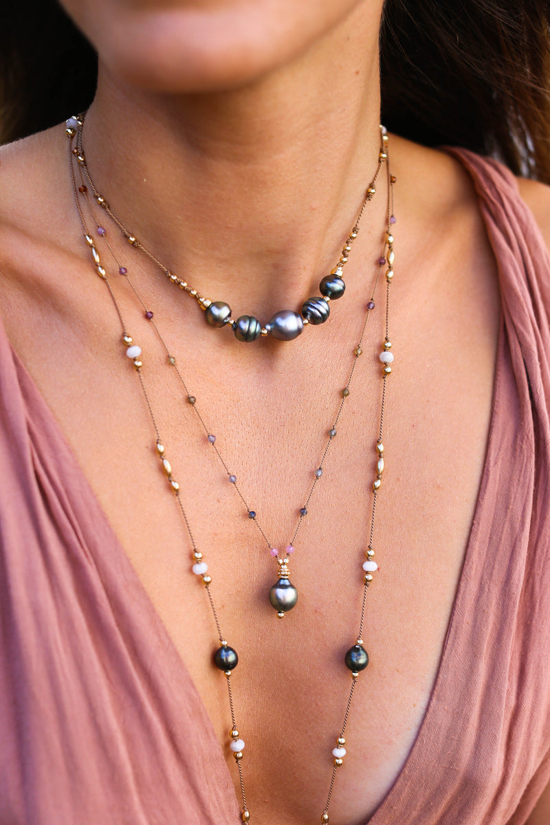 Blue/Green Tahitian Pearl + Sapphire on Knotted Silk