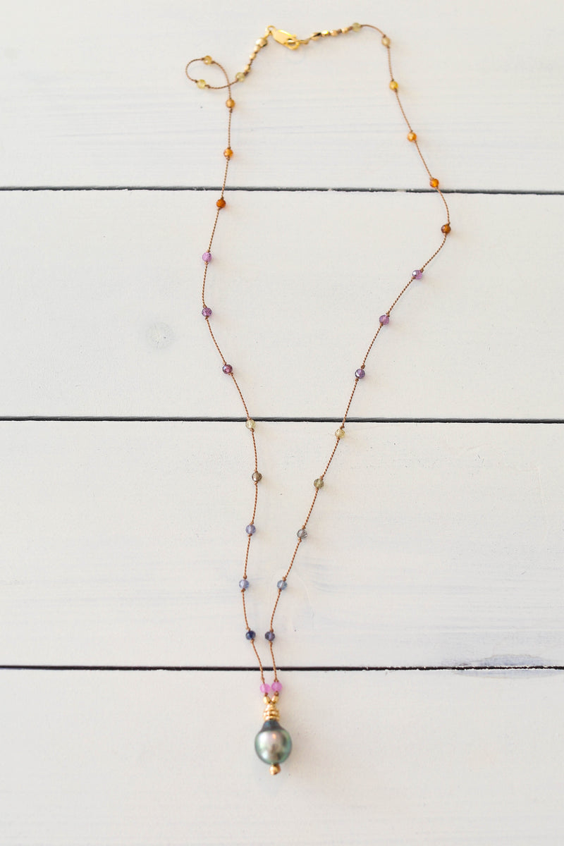Blue/Green Tahitian Pearl + Sapphire on Knotted Silk