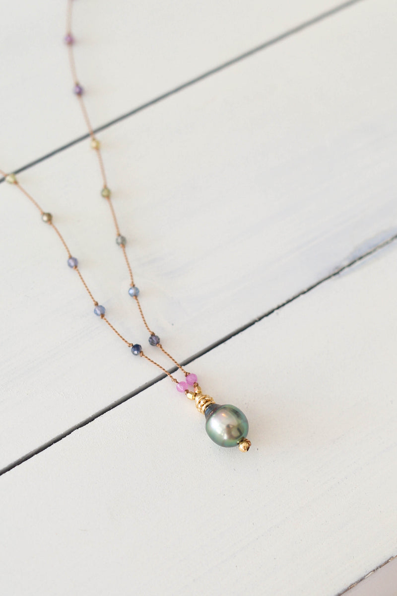 Blue/Green Tahitian Pearl + Sapphire on Knotted Silk