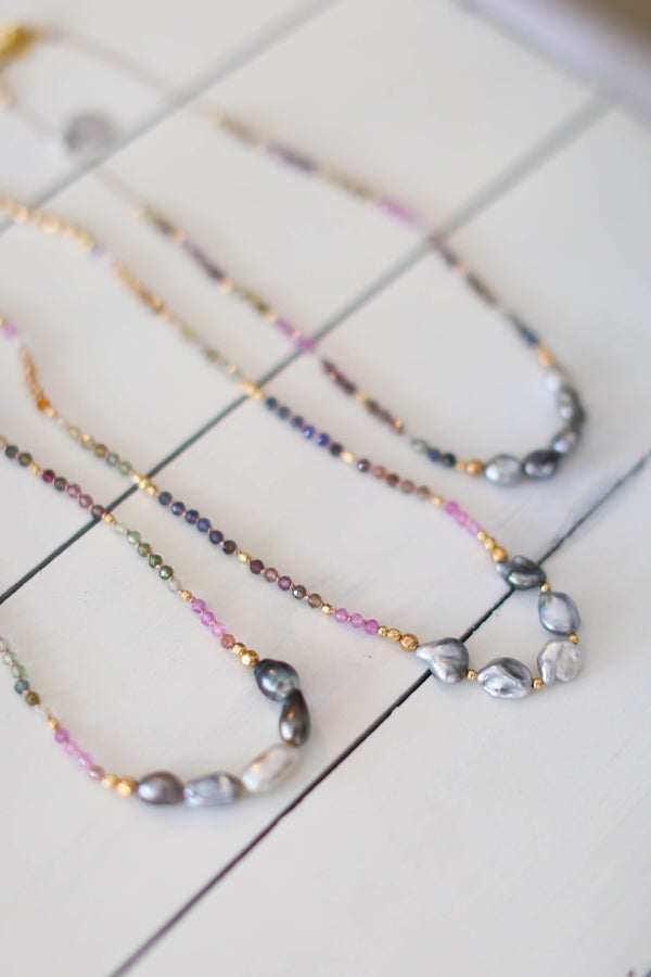 Rainbow Sapphire + Silver Tahitian Keshi Pearls (1 left!)