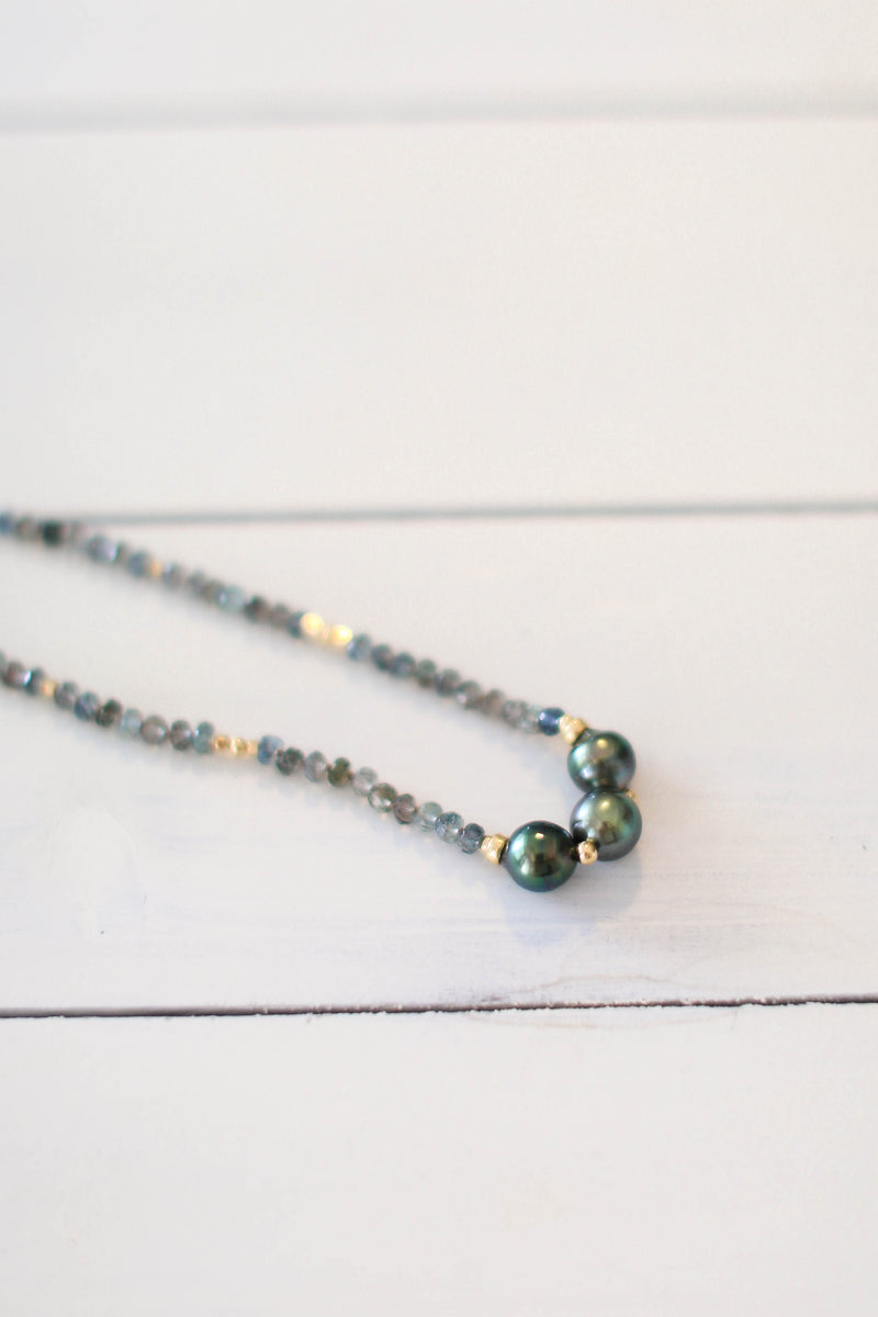 Moss Aquamarine +. Tahitian Pearls